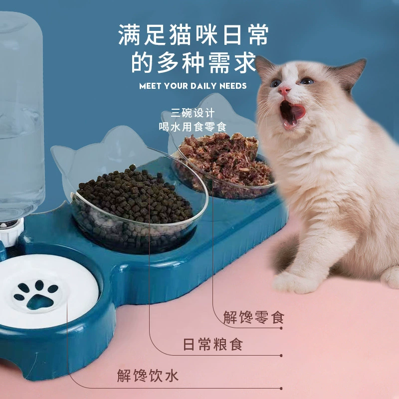 Double Cat Bowl with Automatic Waterer, Elevated Neck-Protection Feeder, Multi-Color Options