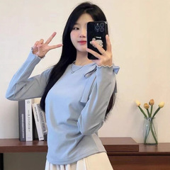 韩系绑带蝴蝶结长袖t恤女秋季新款小众设计感独特简约百搭上衣女