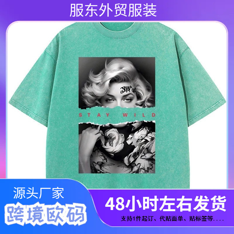 Women's Pure Cotton Washed T-Shirt Full Math Loose O-Neck Short-Sleeved European Fashion Portrait Print Top Summer Feminina