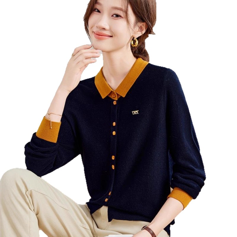 撞色娃娃领毛衣女2025新款春秋款小翻领针织衫女设计感洋气打底衫|undefined