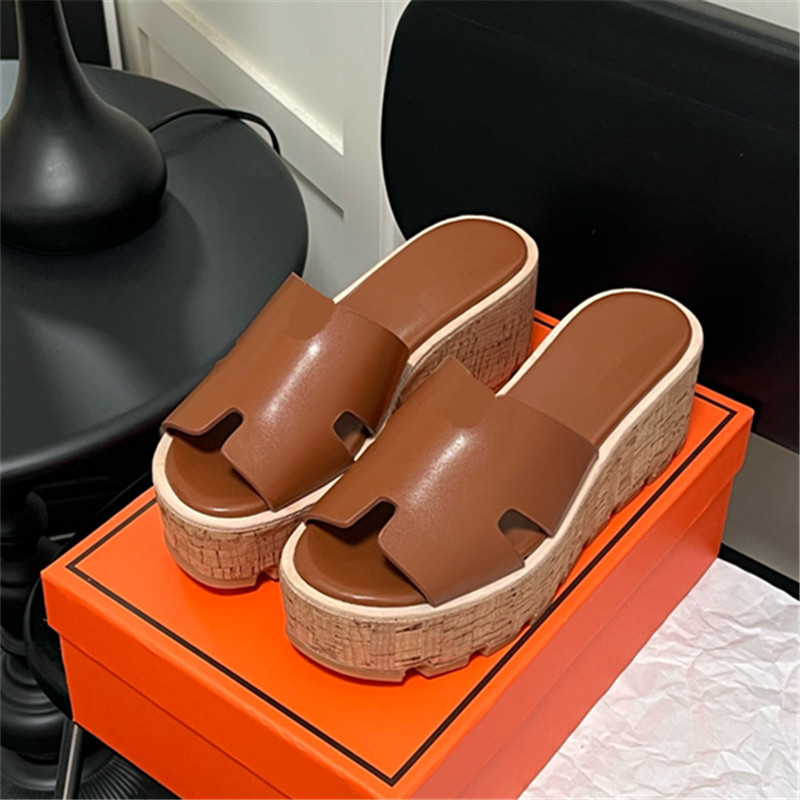 Genuine Leather Wood Grain Thick Bottom H-Loving Slippers Women's Summer Wedge Heel Slippers Small Height-Increasing Beach Sandals