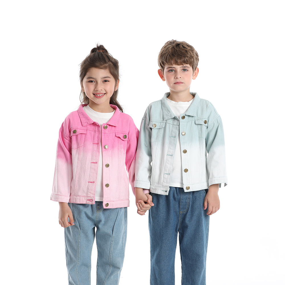 Chaqueta de mezclilla de color degradado para niños, moda de otoño transfronteriza, solapa de manga larga neutral, tops de todo fósforo al aire libre, moda europea y americana