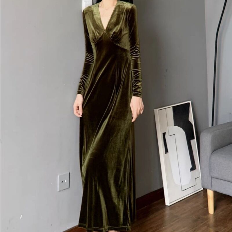 High-End Gold Velvet Dress V Neck Spring & Fall Large Size Korean Style High-End Elegant Splicing Long Non-Falling Velvet Skirt
