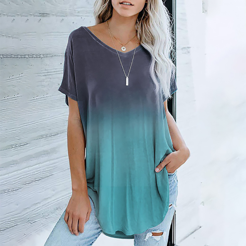 casual gradient color printing V-neck short-sleeved mid-length T-shirt NSZH55702