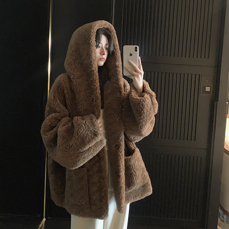 Mid-length Hooded Teddy Color Mao Coat Haining 2024 Winter New Explosions Lamb Fur Coat Women