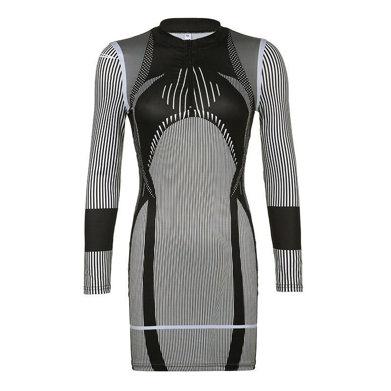 Fashion Stripe High Neck Long Sleeve Printing Zipper Spandex Polyester Above Knee Sheath Dress