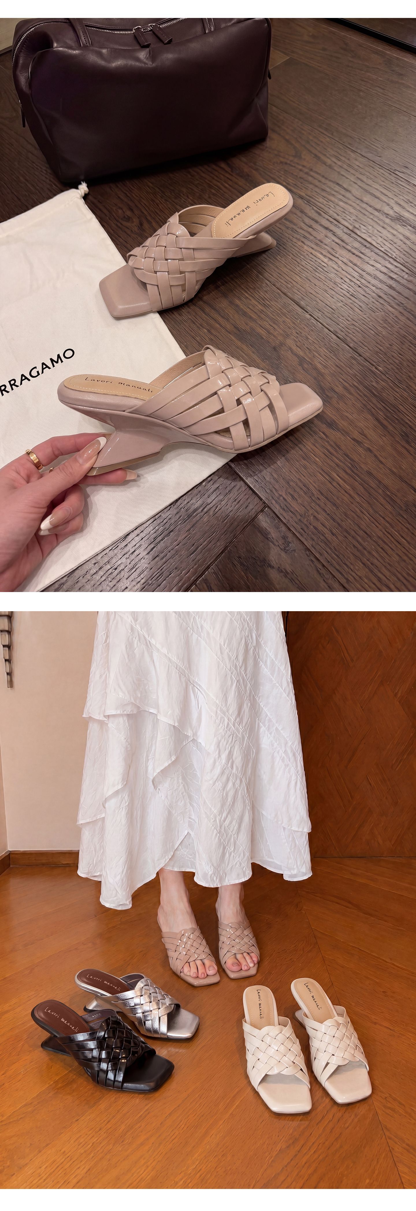 Sandal cao gót nữ mũi vuông đan chéo, gót xuồng 9 cm — Trần truồng hồng, màu đen, màu trắng ngà, bạc chi tiết 14