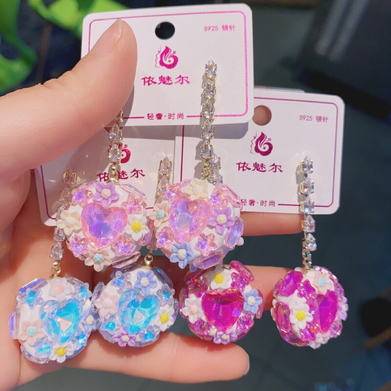 925 Silver Needle South Korea Dongdaemun Handmade Ceramic Mud Diamond Earrings Exaggerated Heavy Industry Temperament High-grade Sweet Earrings