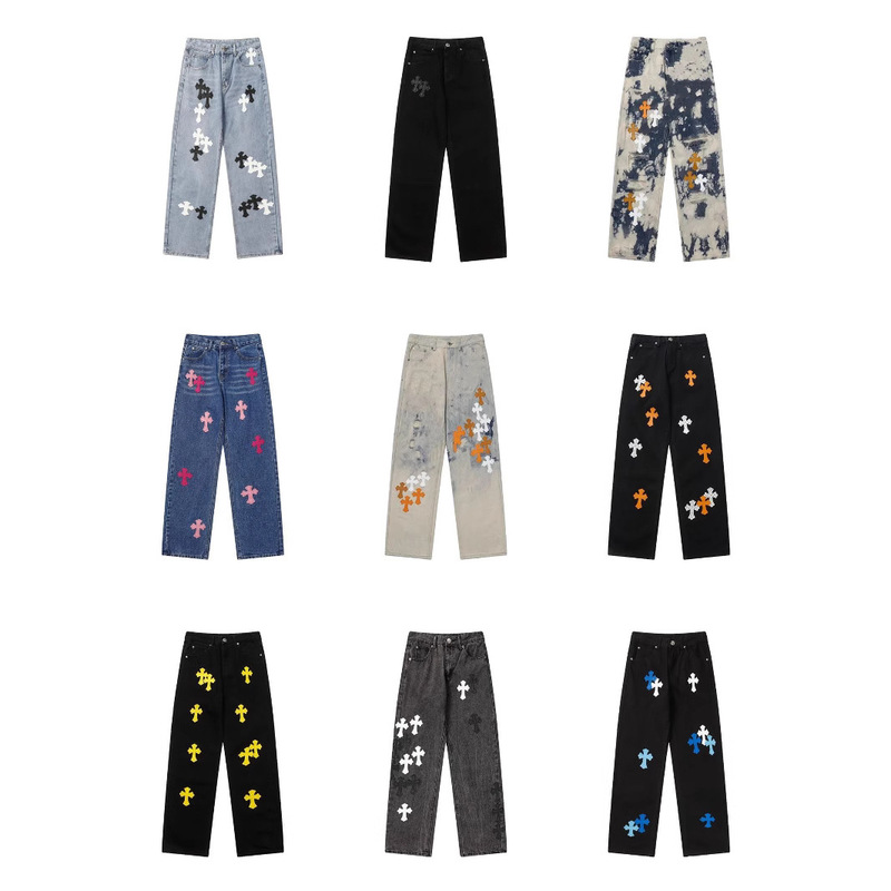 Correct Version of Cross Leather Label Washed Jeans Couple Street Loose Denim Pants Collection Wholesale