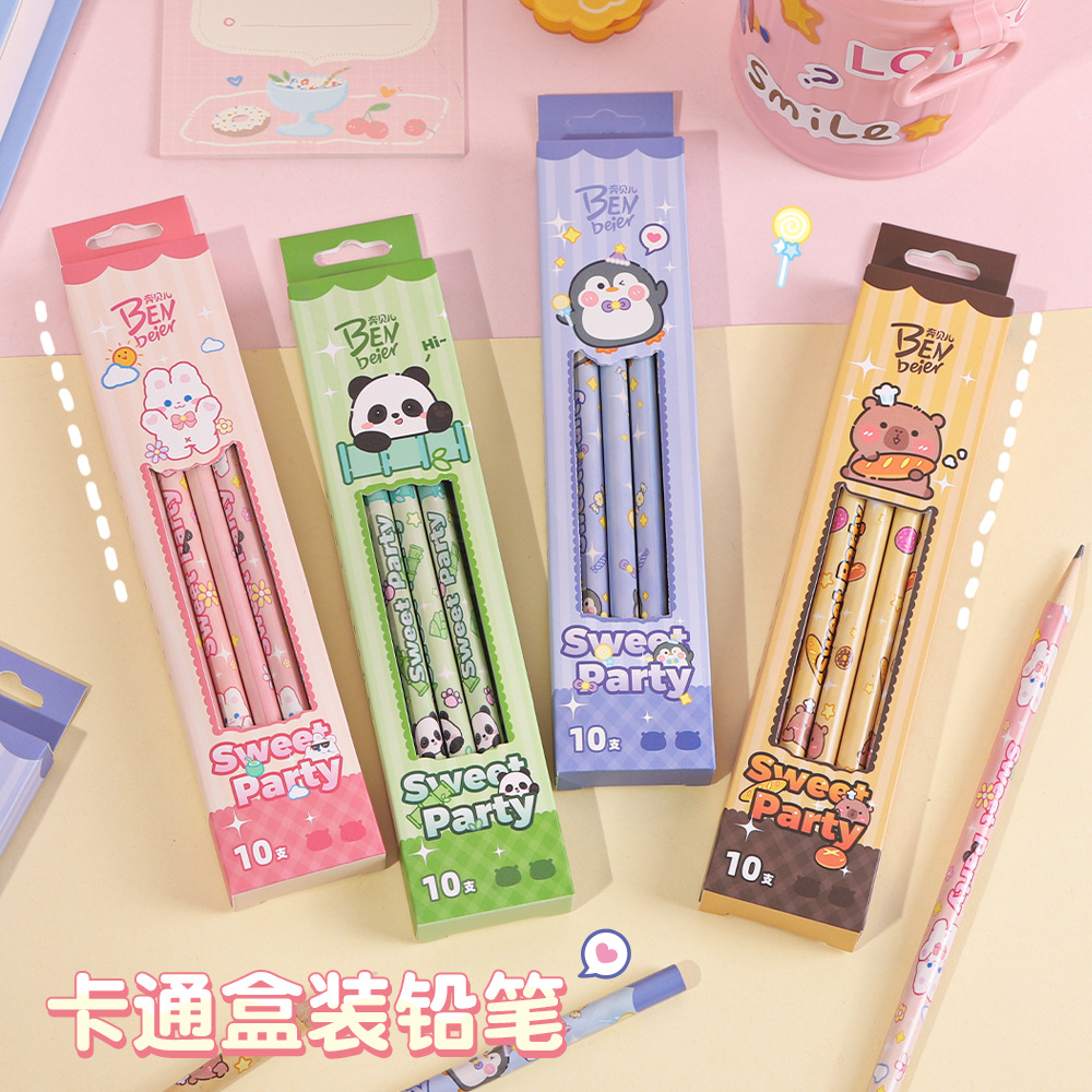 10-Pack Box of 2B Pencils with Panda, Penguin, Strawberry, and Rabbit Designs for Elementary School Students' Writing, Stationery, and Capybara