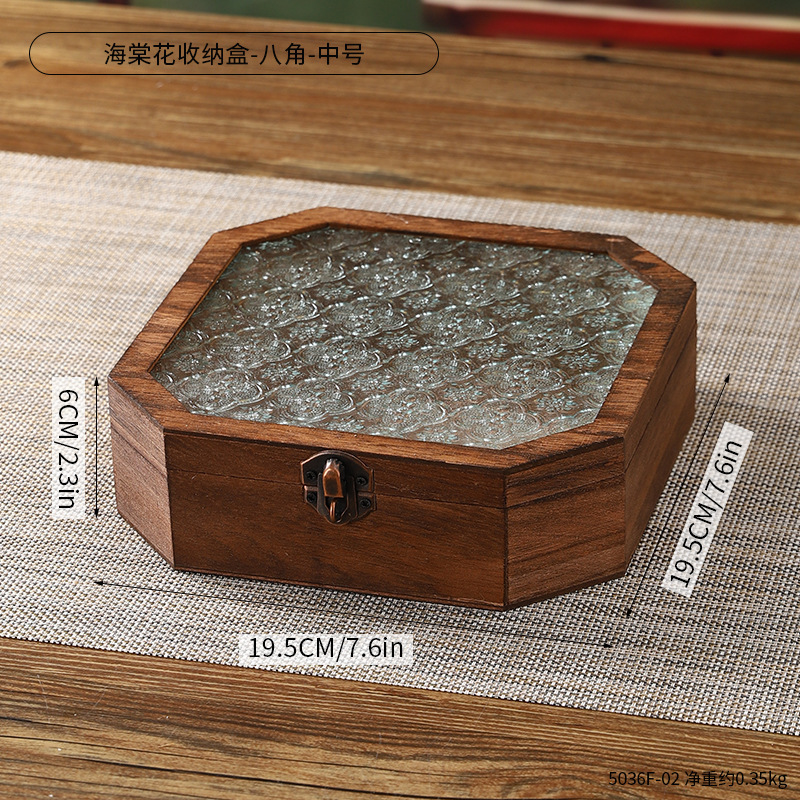 古典海棠玻璃木质储物盒珠宝首饰伴手礼包装盒防尘翻盖桌面收纳盒|undefined