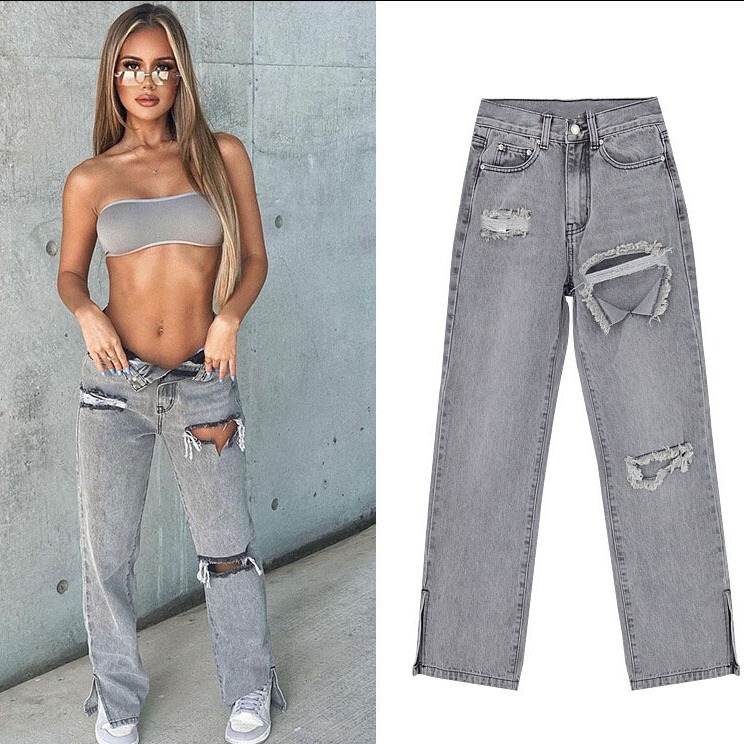 European and American Women's Wear High Waist Tall Slim Straight Denim Trousers Mopping Pants with Ripped Foot Opening and Split Dagging Micro-flared Pants