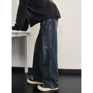 Dark Blue Retro Jeans for Men in Spring and Autumn, Scratched Straight-Leg Wide-Leg Pants, American High Street Long Pants