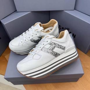 Thick-Soled Platform Sneakers for Women 2025 Yang Mi Same Style Cowhide Height-Increasing 7cm Fashion Color-Blocking White Shoes