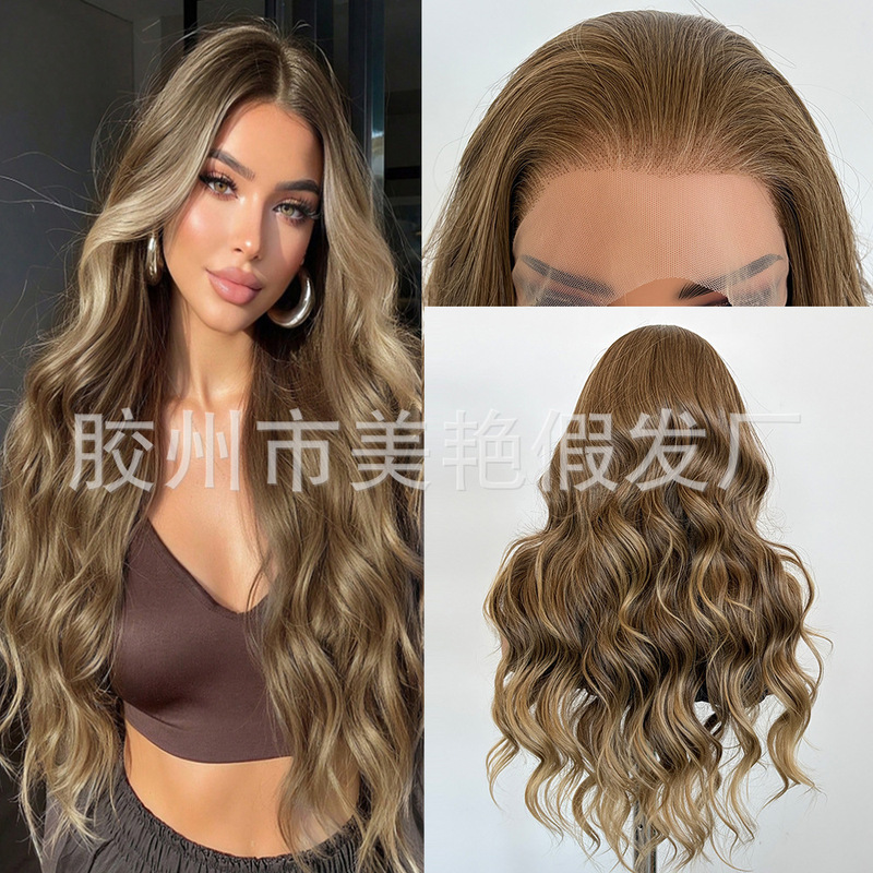 Brown-Green Gradient Lace Wig 13*4 Front Lace Synthetic Matte High-Temperature Fiber Dyed Gradient Big Wavy Hair Brown-Green Gradient Lace Wig 13*4 Front Lace Synthetic Matte High-Temperature Fiber Dyed Gradient Big Wavy Hair