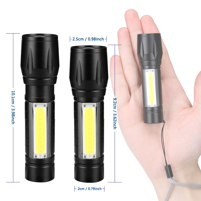 Luz fuerte transfronteriza mini linterna, cob luz lateral, zoom portátil, led
