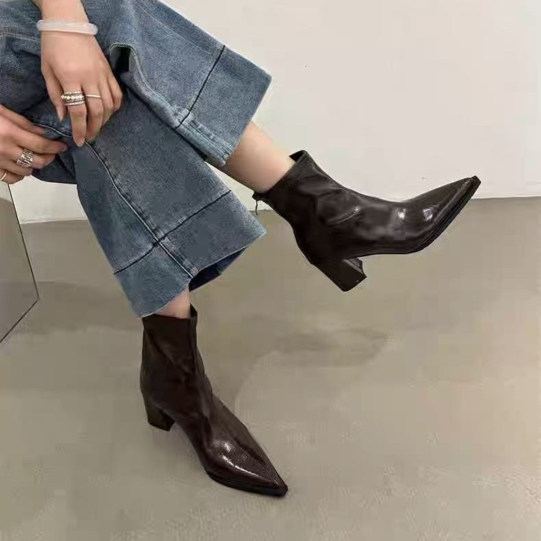 Pointed Toe Chunky Ankle High Heels 2025 Autumn Winter Women Fashion Mid Heel Martin Slim Boots Zipper_voghion.com