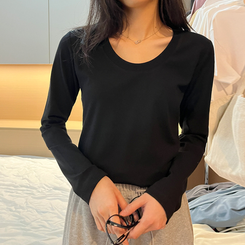 棉质圆领纯色打底衫女春秋冬新款叠穿内搭修身长袖t恤上衣女 |undefined