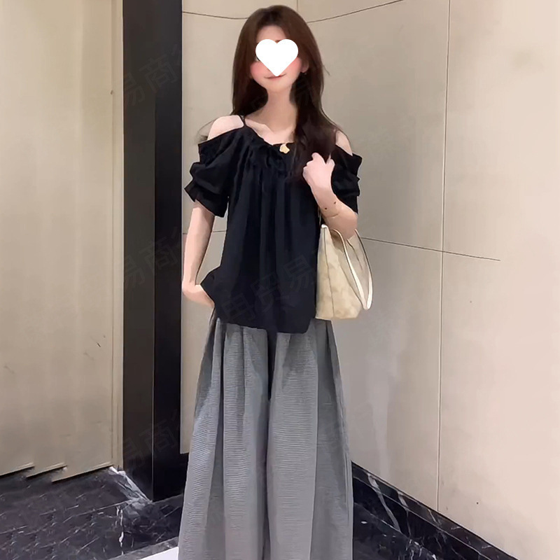 法式黑色短袖衬衫女夏季5新高级感泡泡袖恤露肩设计感衣白色腈纶|undefined