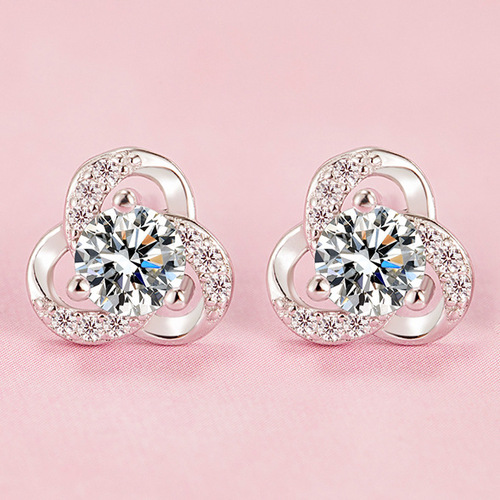 Three-leaf earrings, small fragrant style for women, Korean version, light luxury flowers, fashionable zircon flower earrings, manufacturer wholesale temperament jewelry