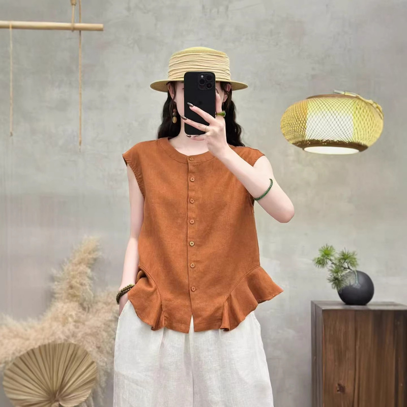 Vintage Artistic Pure Linen Round Neck Sleeveless Shirt 2026 Spring New Age-Reducing Fashionable Women's Single-Breasted Top