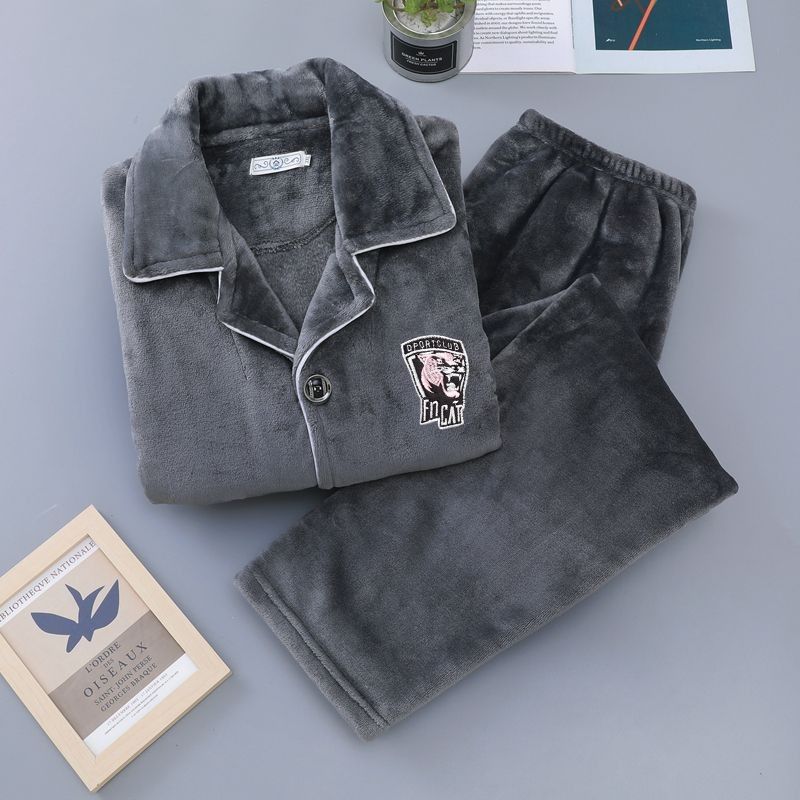 珊瑚绒睡衣男秋冬款加肥加大码冬季加绒加厚保暖法兰绒家居服套装