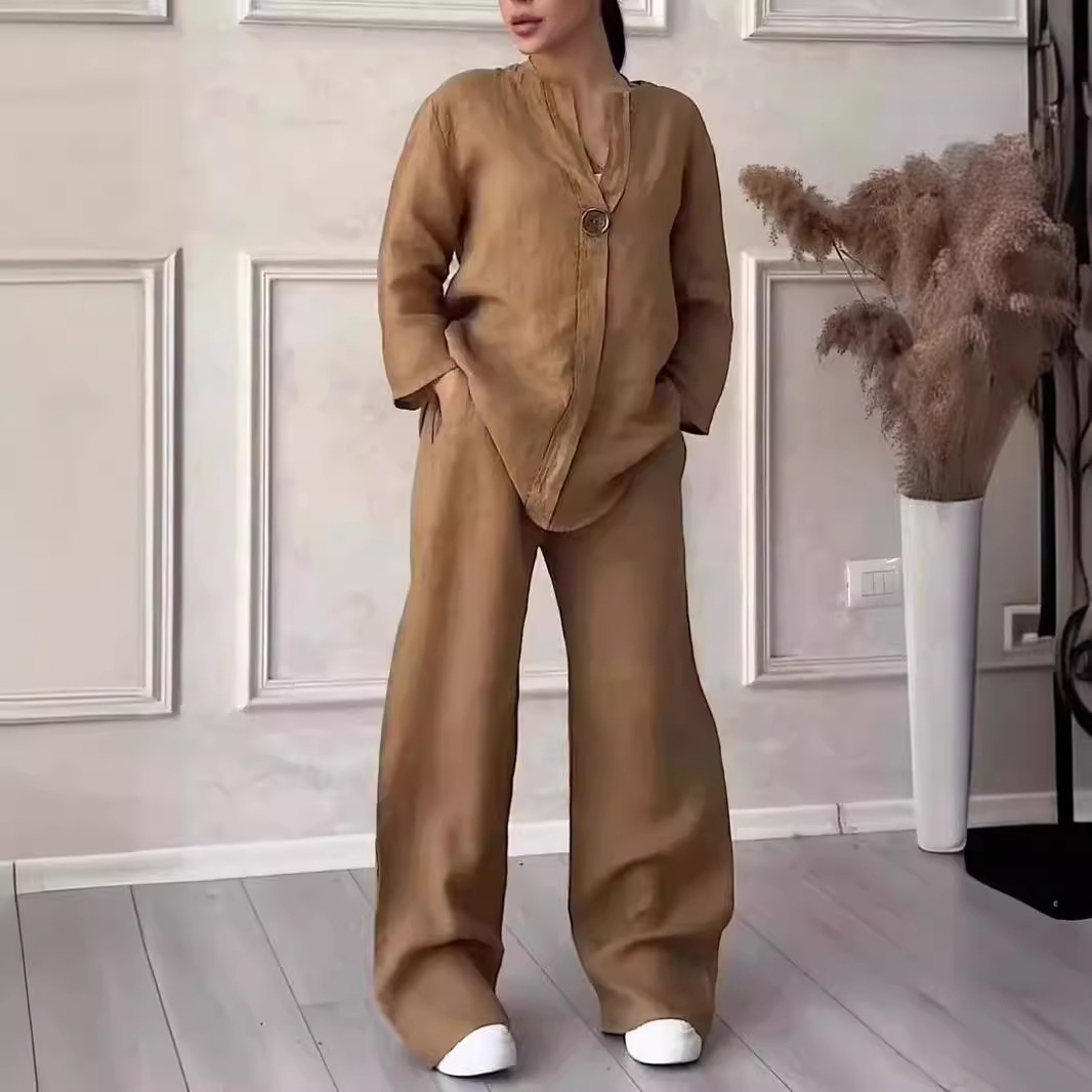 Ensemble décontracté femme en coton et lin avec pantalon large_voghion.com