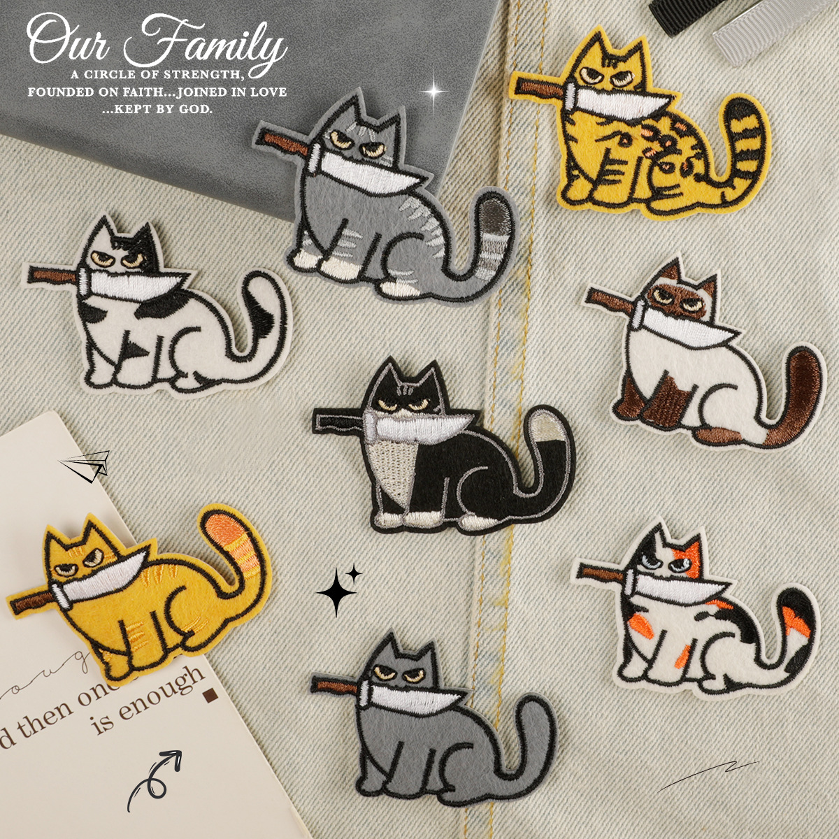 电脑绣花标卡通动物猫咪徽章标服装辅料跨境货源补丁熨烫刺绣布贴