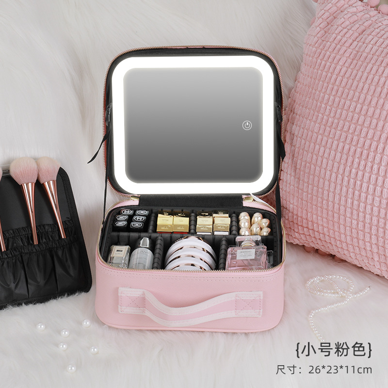 Cosmetic Bag with Light Full Screen Mirror Cosmetic Storage Bag Portable Travel Portable Cosmetic Bag Women's Large Capacity