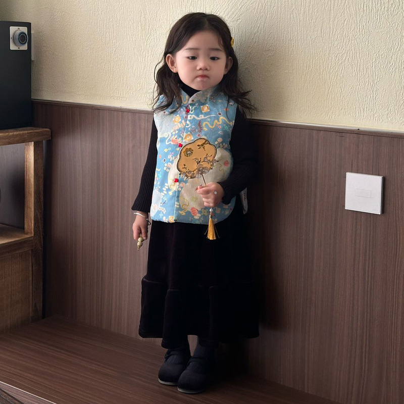 儿童汉服套装童装中式女童国风立领无袖坎肩马甲女孩半身裙两件套|undefined