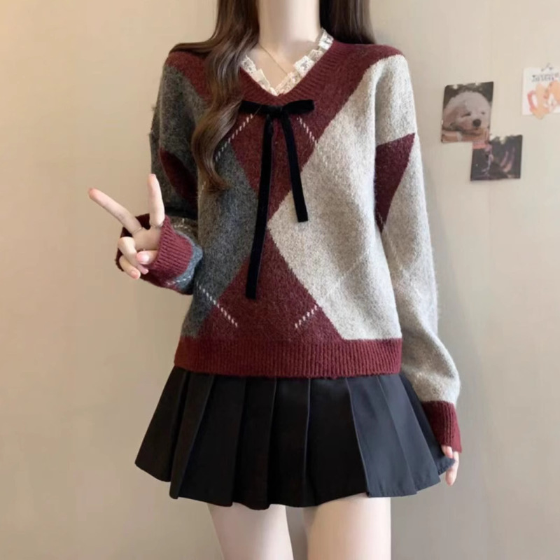 韩系菱格蕾丝毛衣女秋冬2025新款清新甜美设计感蝴蝶结针织衫上衣|undefined