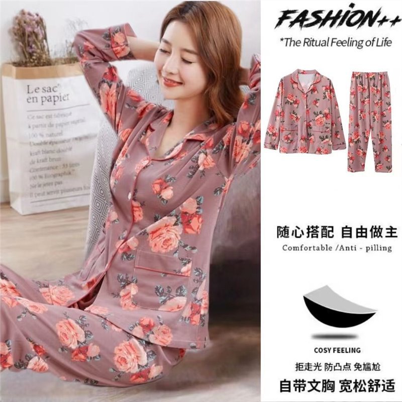 Pijamas de algodón 100% para mujer con almohadilla en el pecho, de manga larga de una pieza de primavera y otoño 2023 nuevo traje de desgaste para el hogar de las mujeres