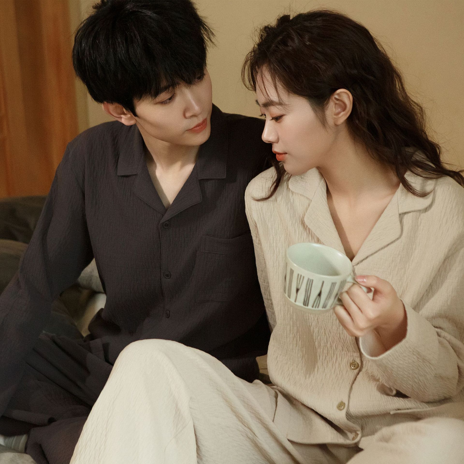 봄과 가을 커플 잠옷 남성용 세트 코튼 옷깃 카디건 느슨한 부드러운 긴 소매 남성 투피스 홈 옷