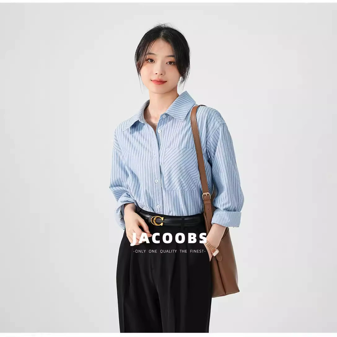 Синяя полосатая рубашка женский весенний и осенний дизайн чувство нишу OL Профессиональная поездка на работу