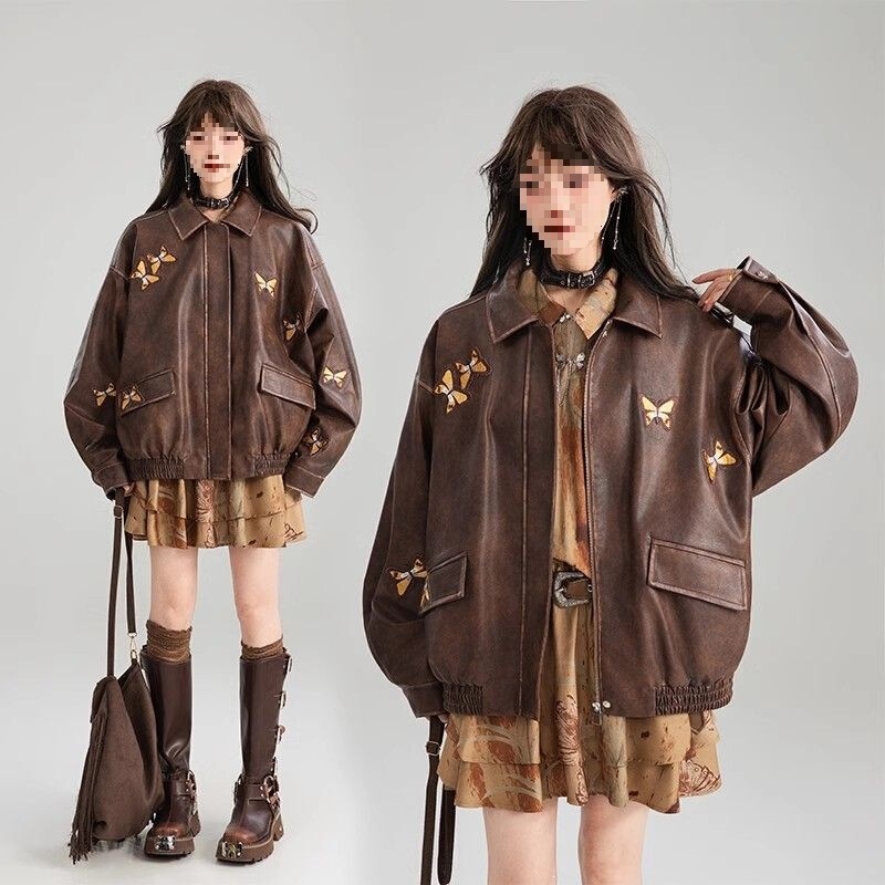 Butterfly Embroidered Brown Leather Jacket 2025 Spring New Style Maillard Outfit Vintage Leather Jacket Slimming Butterfly Embroidered Brown Leather Jacket 2025 Spring New Style Maillard Outfit Vintage Leather Jacket Slimming