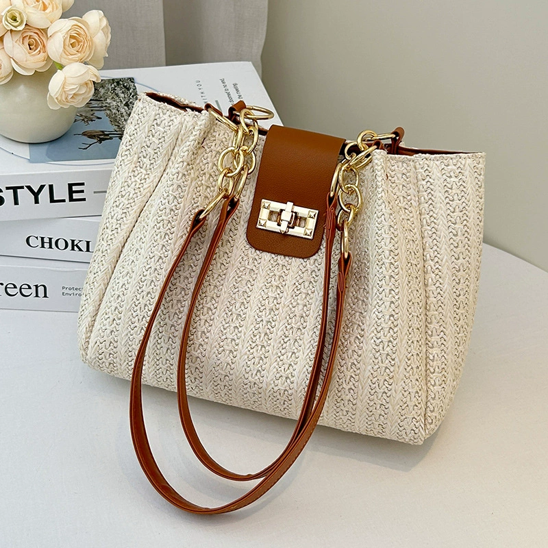 Woven straw shoulder bag, small design handheld purse