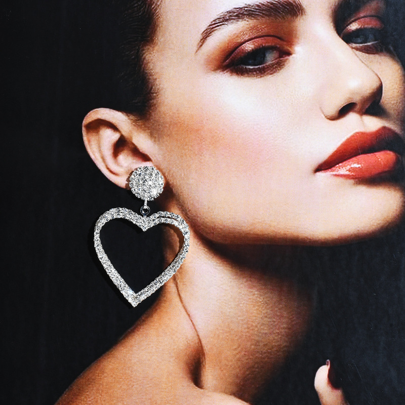 Luxurious Shiny Full Diamond Three-Dimensional Heart Earrings for Women, Fashionable Double Peach Heart Earrings and Earrings