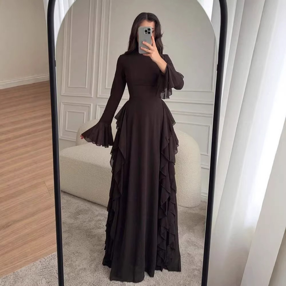 Cross-Border Amazon 2026 New Model Temu European and American Women's Clothing Elegant Casual High-Waisted Solid Color Bell-Sleeve Dress