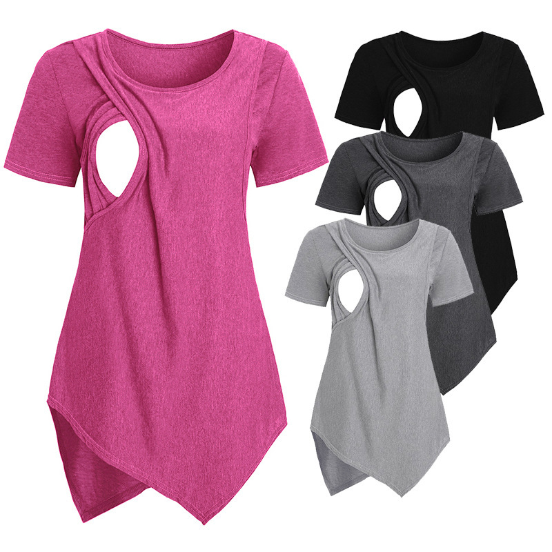 2021 European and American Fashion Irregular Round Neck Short Sleeve Breastfeeding Pregnant Women's Top T-shirt 2021 European and American Fashion Irregular Round Neck Short Sleeve Breastfeeding Pregnant Women's Top T-shirt