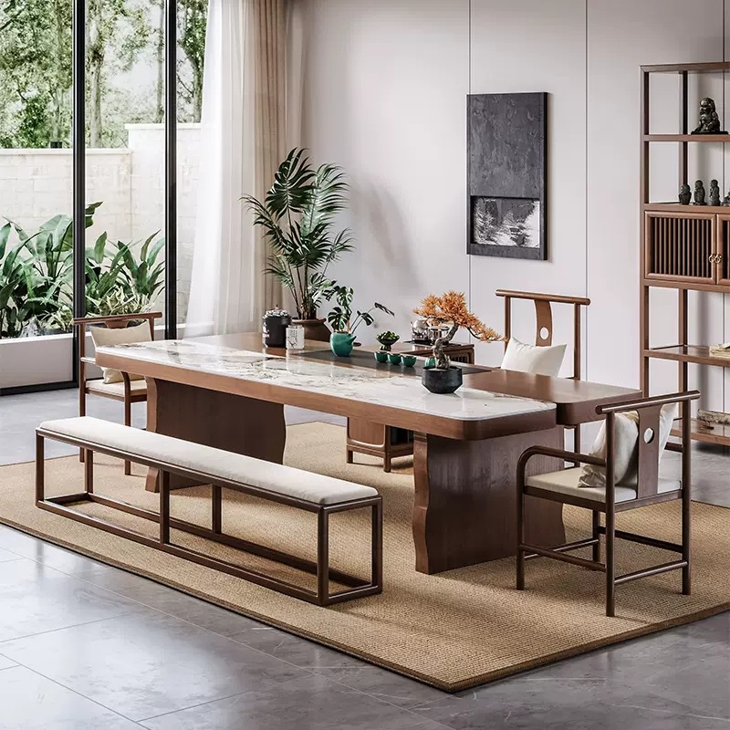 1.4 m 티 테이블 + 마스터 의자 + 젠 맛 의자 * 2 + 1.4 m 벤치