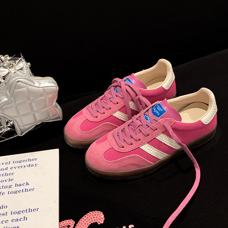 Cowhide Strawberry Bear Pink German Training Shoes Women's Inner Height Increased Forrest Gump Shoes 2025 Spring New Sports Casual Sneakers