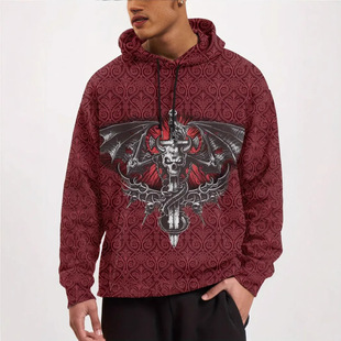 Vintage Totem Bat Skull Demon 3D Digital Print Men's High Street Loosen Shoulder Long Sleeve Hooded Sweatshirt