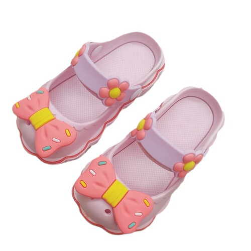 Girls' Hole Shoes Children's Toe Covering Beach Shoes Mary Jane Anti-Slip Outdoor Summer Bowknot Little Girl Sandals 