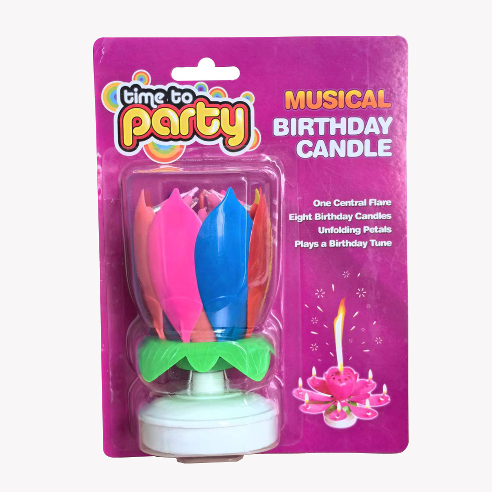 Venta al por mayor de música vela fiesta de cumpleaños de doble capa de fondo plano floreciente rotación de música en inglés tarjeta trasera Lotus Candle