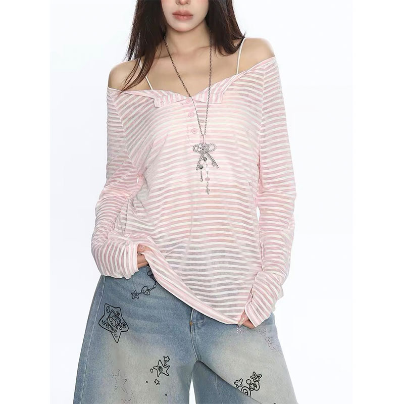 Casual Striped Off-Shoulder Long-Sleeve T-Shirt, Thin Base Shirt for Women, Summer Sun-Protective Loose Off-Shoulder Top