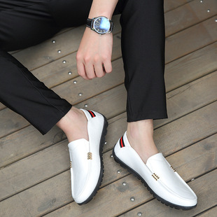 Men's Breathable Soft-Soled Korean Style Trendy Casual Leather Shoes Versatile White Slip-On Driving Loafers