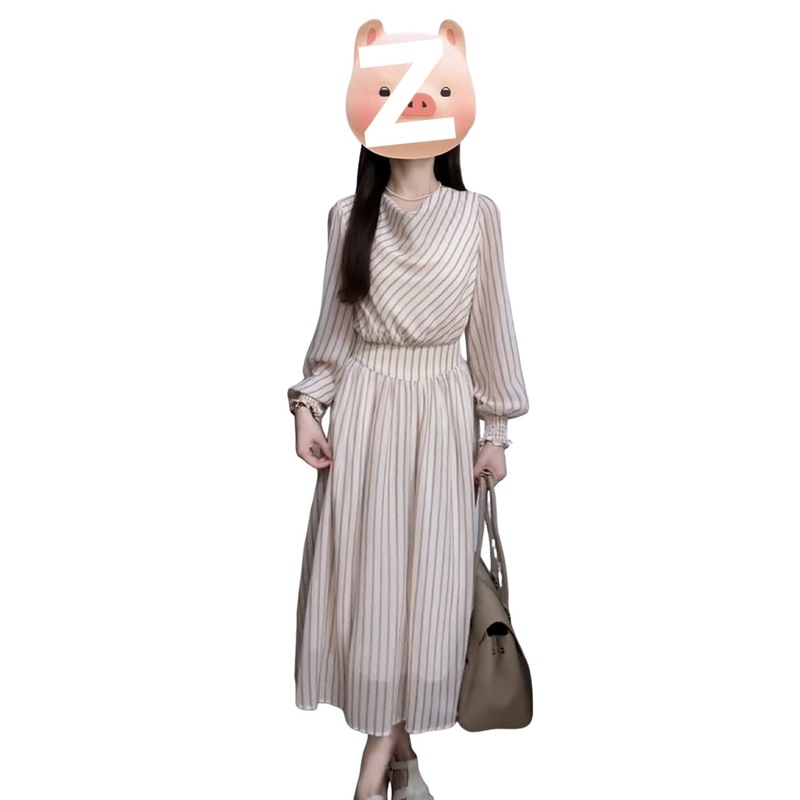 早秋韩系穿搭感长袖连衣裙子女2025新款荡领条纹休闲气质收腰长裙|undefined