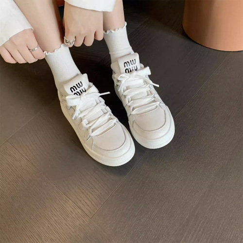 Amiu genuine leather white shoes  autumn new versatile round toe lace-up thick-soled height-increasing sneakers for women's sports and leisure