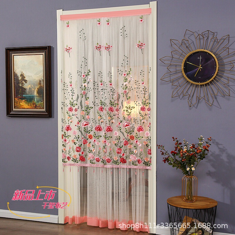 [Four-Fold Pleats] High-Definition Embroidered Bead Door Curtain, Long Partition Curtain, Anti-Mosquito Curtain, Blocking Gauze Curtain, No Need to Punch Holes