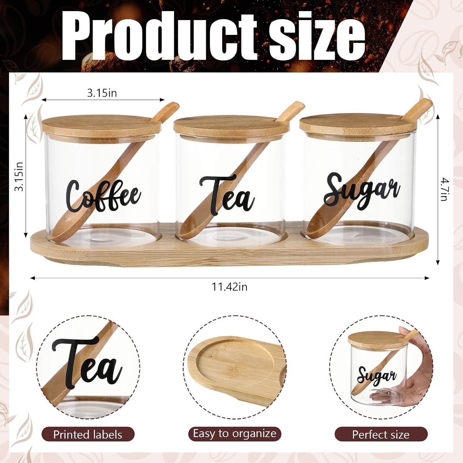 Cocina almacenamiento condimento frasco de vidrio con cubierta de bambú con cucharada de sal, azúcar, MSG almacenamiento condimento frasco de vidrio sellado frasco